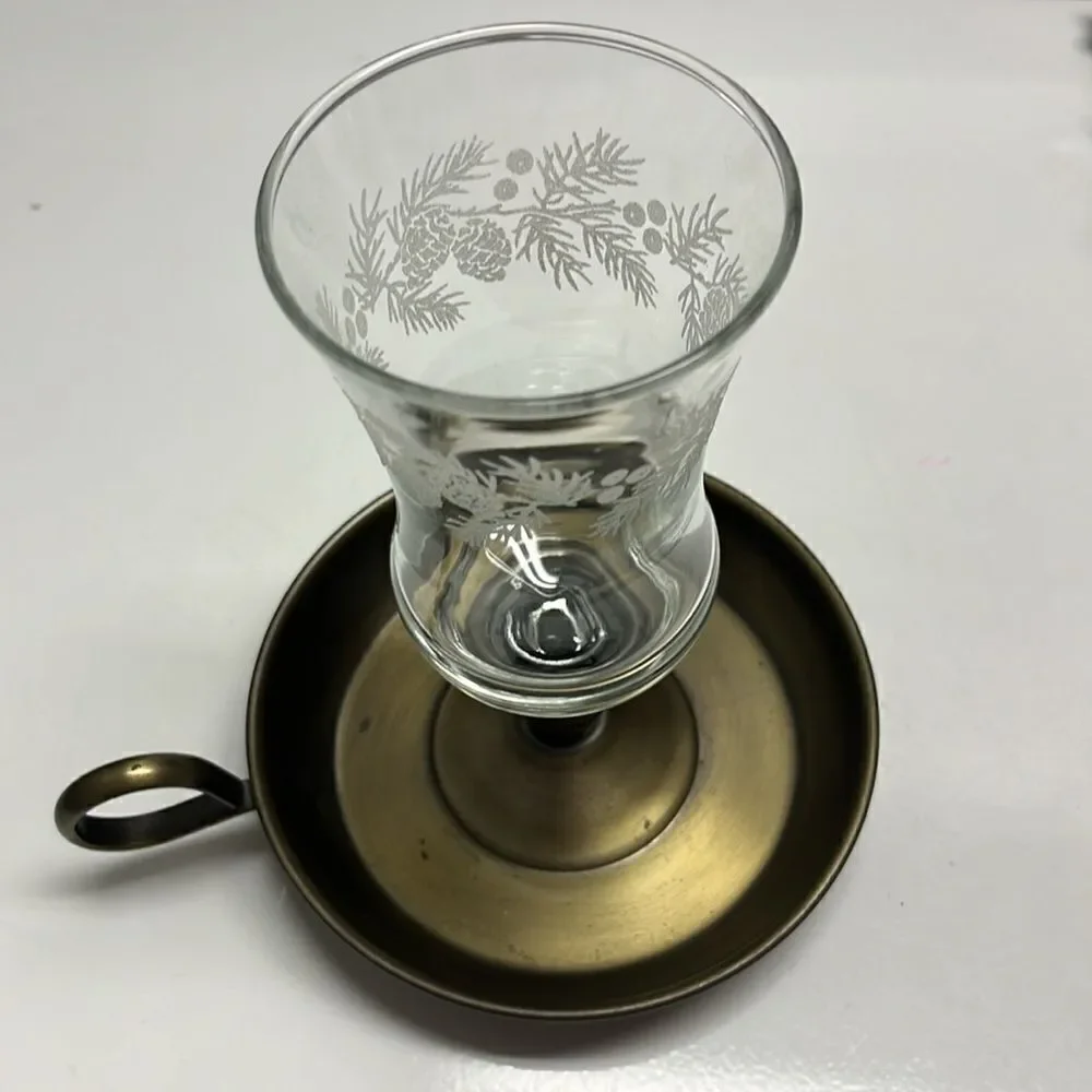 Metal Vintage Candlestick Holder Glass Etched Votive with Christmas Floral Ring
